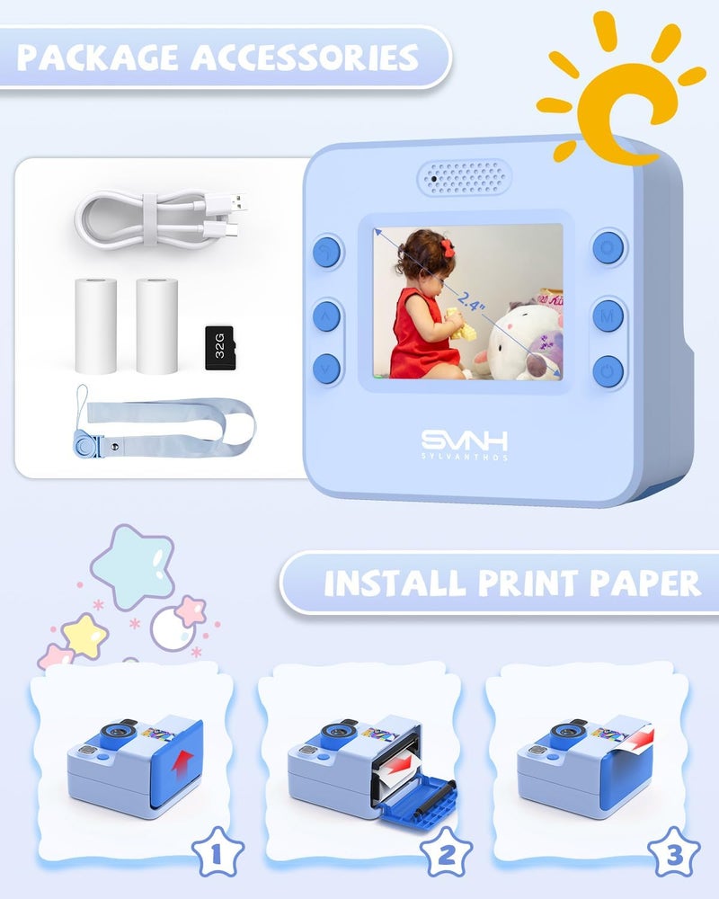 Sylvanthos Kids Camera Instant Print, Digital Camera for Kids, 180° Rotating Selfie Lens with 32GB SD Card & 2 Rolls Printing Paper Kids Toy Birthday Gifts for Boys Girls Ages 3-12, Blue - Image 3